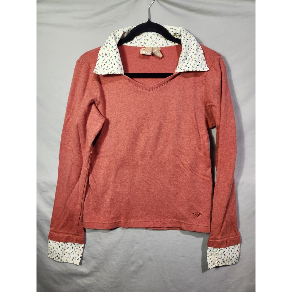 Y2K Roxy Womens Long Cuffed Sleeve Collared Shirt Coral Floral Print Size‎ XL